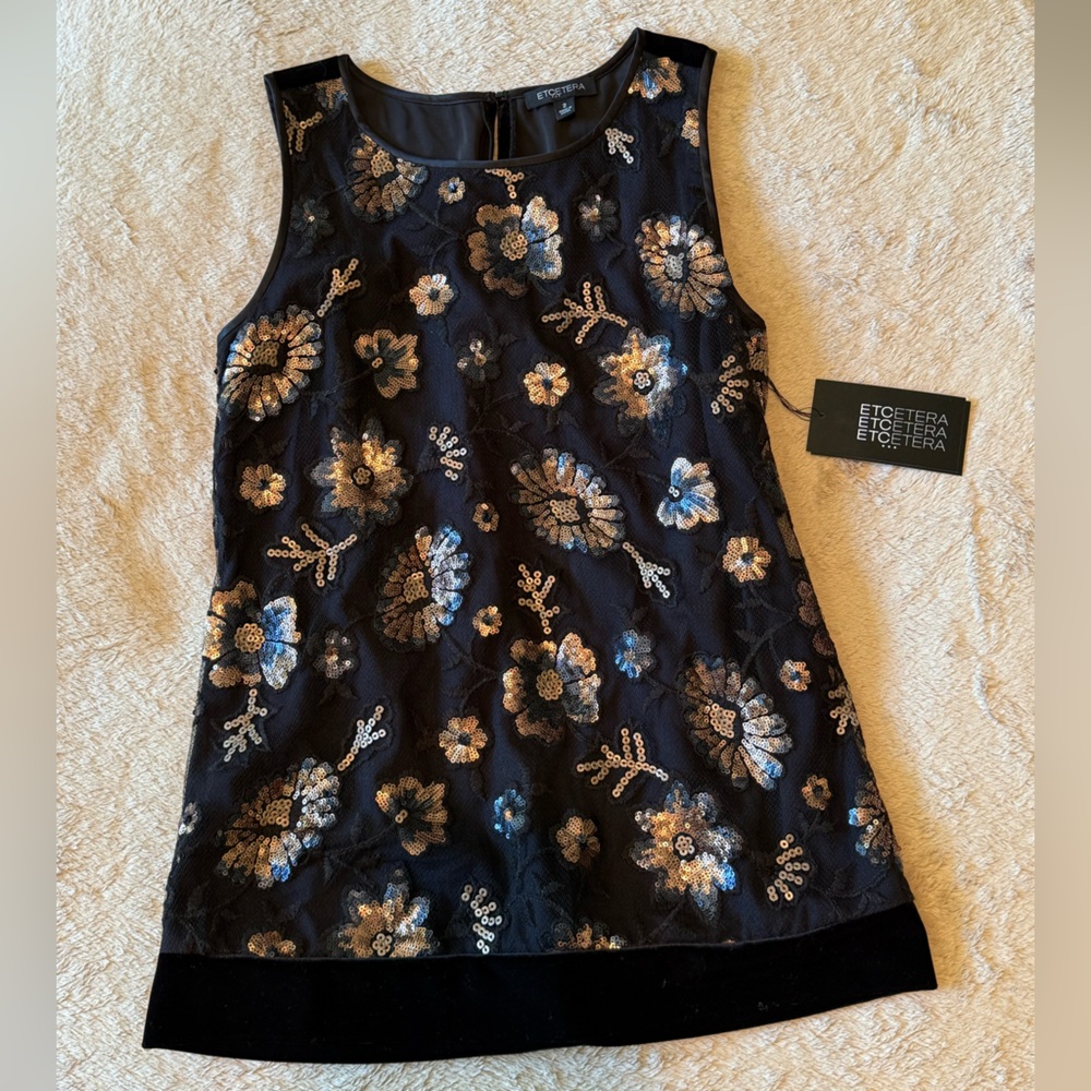 Etcetera Black and Gold Floral Sequin Tank Top with Velvet back